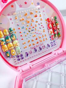 粉色手提箱造型儿童美甲套装 - 包含可爱宠物造型假指甲、贴纸和工具，适合3岁及以上儿童，可用于角色扮演美甲DIY游戏。 - 彩色 - 查看 8