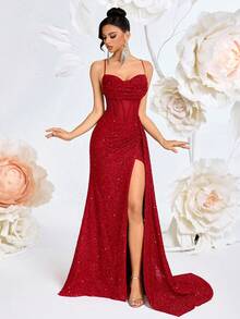 ADYCE Elegantes Maxikleid mit Spaghettiträgern, V-Ausschnitt, Pailletten, Mesh, hoher Taille, weitem Schnitt, hohem Schlitz, rückenfreiem Kreuzrücken und Bindung, geeignet für Abschlussball, Hochzeitsgast, Homecoming, Date Night, formelles Dinner, Geburtstagsfest, Feiertagsparty, Familientreffen, Valentinstag - Rot - Übersicht 6