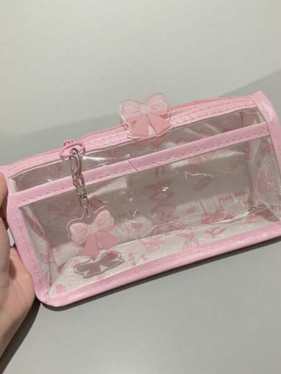 1pc Bowknot Transparent Pencil Case With PP Clip And Pendant, Simple Large Capacity Storage Box, Desktop Storage Pencil Case, Transparent Style Can Quickly Find The Tools You Need, Back To School, Study Supplies