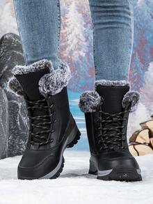 女士冬季雪地靴，柔软保暖内衬，厚底系带运动鞋，防滑外底，纯色鞋面，四季户外保暖 - 黑色 - 查看 5