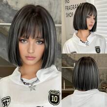 PIAOYUN Peruca Preta com Luzes Brancas para Mulheres, Peruca Fofa com Franja, Fibra Sintética Resistente ao Calor, Moda Natural para Uso Diário e em Festas