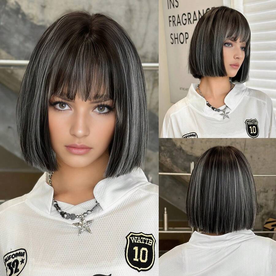 PIAOYUN Peruca Preta com Luzes Brancas para Mulheres, Peruca Fofa com Franja, Fibra Sintética Resistente ao Calor, Moda Natural para Uso Diário e em Festas