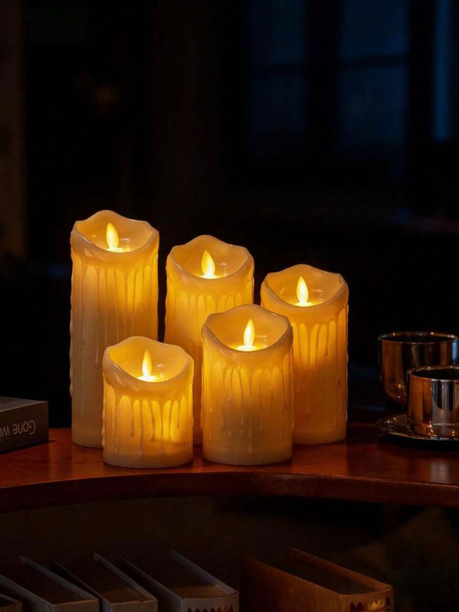 3pcs/5pcs Warm Yellow Realistic Dripping Wax LED Electronic Candles, Cozy Atmosphere With Melting Edge Texture, Realistic Flame Details, Suitable For Christmas, Holidays, Weddings, Parties, Romantic Decor, Men's Gifts, Home Decor, Personalized Gifts, Ramadan, Wall Decor, Bedroom, Garden, Bathroom Accessories - Warm White - View 1