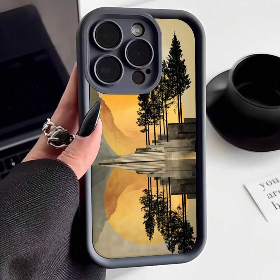 Cubierta de teléfono con borde protector color negro diseño de paisaje natural con árboles reflejados en agua y atardecer ideal para uso diario y protección del dispositivo - Negro - Ver 1