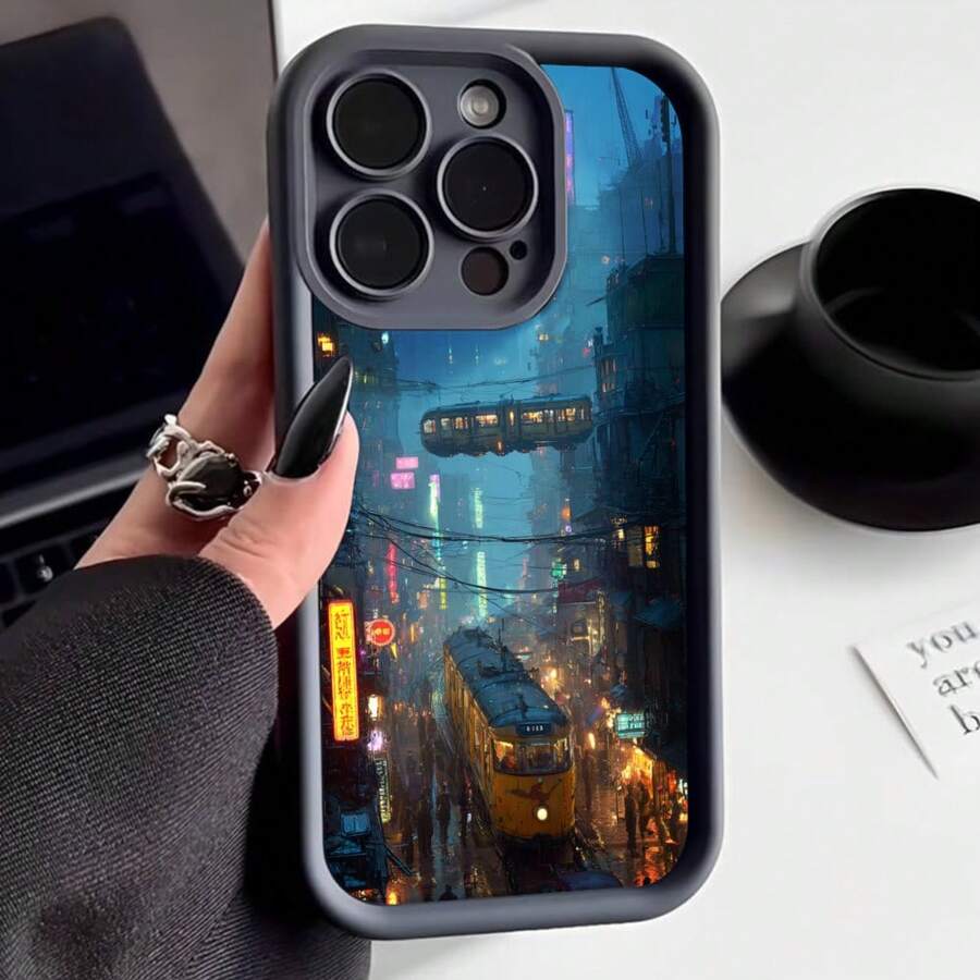 Cubierta de teléfono con diseño de ciudad futurista azul oscuro con tranvías y luces neón para uso diario y viajes - Café integral - Ver 1