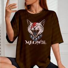 Camiseta Feminina Over Gato MEOWIE Rock Estampada Básica