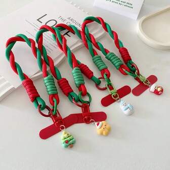 1pc Christmas Red & Green Contrast Color Nylon Short Phone Lanyard + Pad, Creative Christmas Hanging Ornament, Phone Strap Wrist Lanyard, Anti-Lost & Anti-Drop