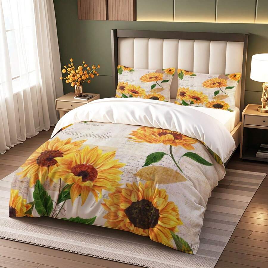 3pcs Sunflower Themed Duvet Cover Set, Soft & Breathable Fabric, Machine Washable, Suitable For All Seasons (1 Duvet Cover + 2 Pillow Shams, No Insert), Ideal For Bedroom And Guest Room Bedding Decor - Yellow - View 1