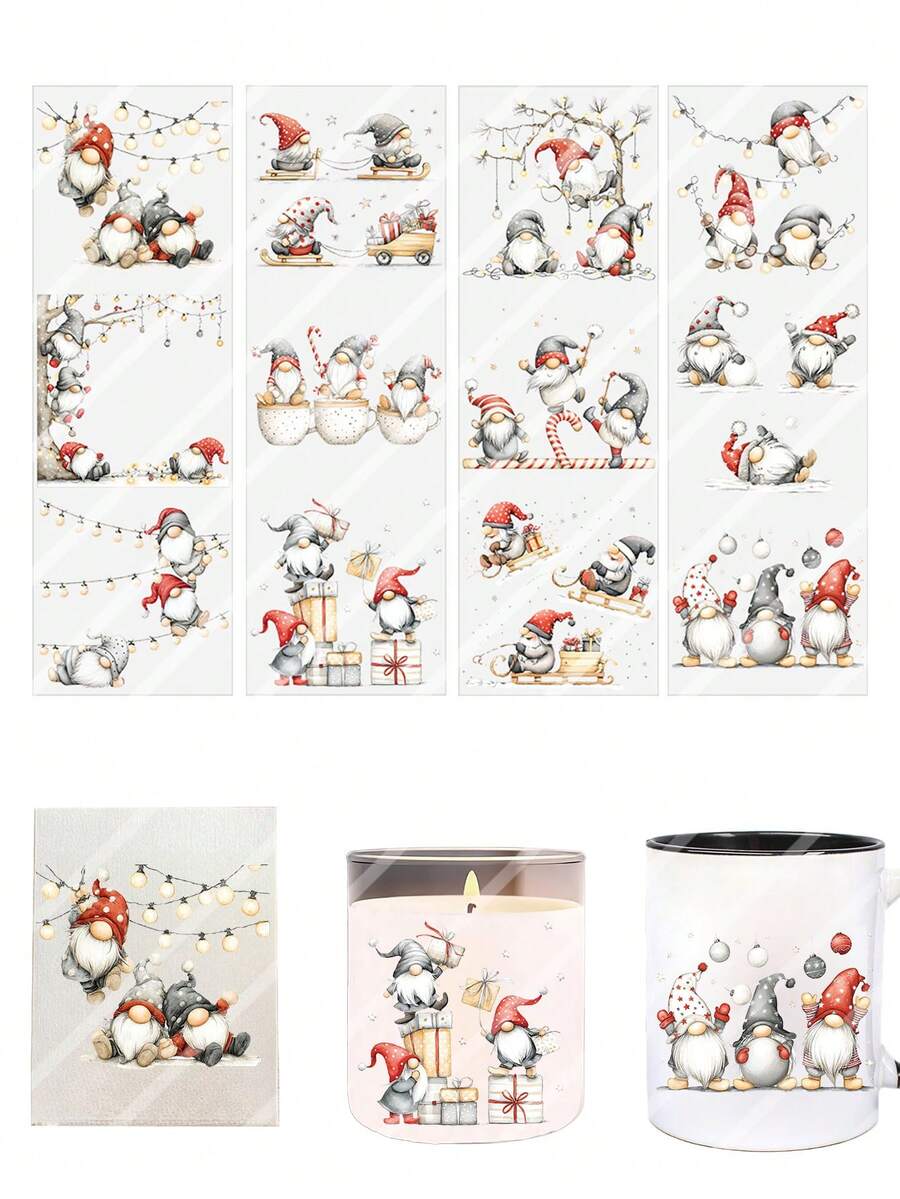 4 Sheets Cute Santa Claus Christmas Gnomes DIY UV DTF Rub On Transfer Stickers Crafts, Greeting Cards Transfer Stickers, Junk Journal, Tumbler Glass Jars, Coffee Mugs Cup Wraps, Bottles Vase, Laptops Phone Cases, Illustration, Scrapbooking, Winter Xmas Party Home Decor, 10cm