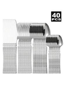 4/16/24pcs Stainless Steel Cutlery Set, Includes Steak Knife, Fork, Spoon, Suitable For Kitchen, Dining, Wedding, Party, Holiday Gift - 銀色 - 查看 10