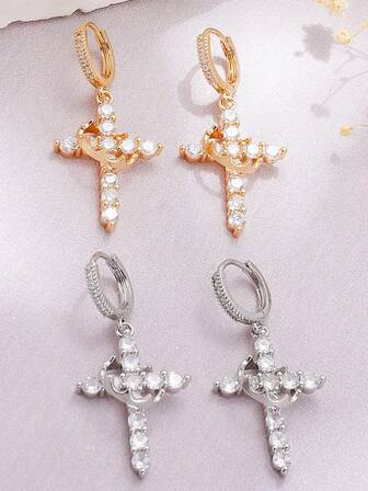 一对时尚休闲立方氧化锆镶嵌皇冠十字架吊坠耳环，适合女性日常佩戴/节日礼物