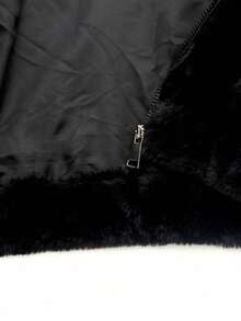 Risissida 女士短款仿毛皮连帽外套，带抽绳和口袋，纯色设计，适合春、秋、冬季穿着。 - 迷彩黑 - 查看 4