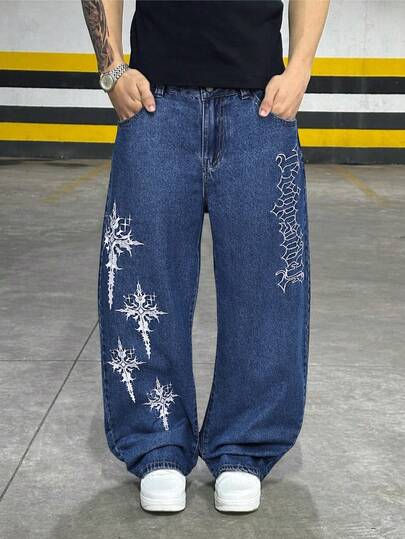 Grunge Goth Y2K-stijl heren casual losse wijde rechte broek met veelzijdig borduurwerk, modieuze gepersonaliseerde straatkleding, geschikt voor werk, woon-werkverkeer, podiumoptredens, samenkomen met vrienden en buitenkleding.