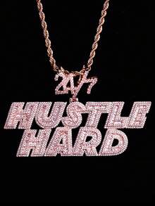DUBSS 1 件装镶钻 Hustle Hard 24/7 男士项链吊坠，5A 级立方氧化锆镀金嘻哈饰品 - 字母 - 查看 6