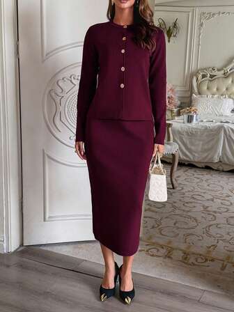 Unadoll Autumn Winter New Arrival Elegant Women's Temperament Solid Color Round Neck Simple Conservative Little Fragrant Wind Open Front Long Sleeve Top Set For Students Dormitory Home Living Fashion Commuting Wine Red Long Skirt Two Pieces Set