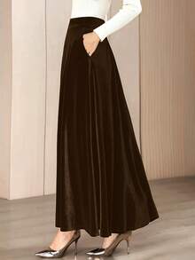 Women's Elegant Velvet A-Line Skirt, Autumn/Winter - Brown - View 7