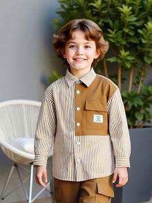 2pcs Toddler Boys' Spring/Autumn Long Sleeve Shirt And Casual Cargo Pants Set, Fashion Striped Patchwork Design, Versatile Everyday Outfit