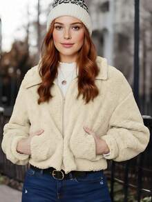 Chaqueta Bomber Casual para Mujer, con Interior Cálido, Bolsillos Amplios, Tejido con Textura, de Manga Larga y de Cuello con Solapa, Perfecto para Temporada Otoño/Invierno - Hueso - Ver 1