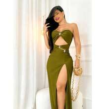 Women's Long Cut-Out Dress With Side Slit And Star Details – Elegant Party Fashion. Backless / Open Back. Cutout / Cut-Out. Side Opening. Evening. - 軍綠色 - 查看 2