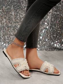 Sandale fără mâneci cu sclipici, ușoare și antiderapante, potrivite pentru plajă, ținute casual, interior, mărimi mari, design nou la modă cu sclipici - Bej - Vizualizare 3