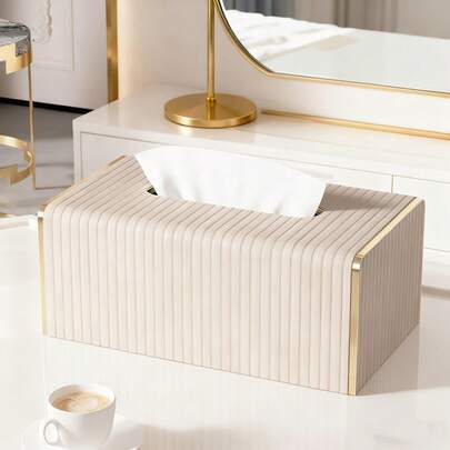 条纹 PU 皮革纸巾盒，北欧奢华风格酒店金边纸巾盒，适用于客厅卧室，创意大号餐巾纸分配器，母亲节礼物，家居浴室装饰，浴室收纳，秋季装饰，返校