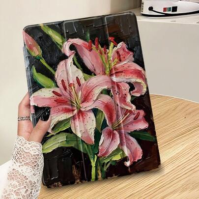 Ayotu 莲花油画图案，兼容iPad保护套，兼容iPad 10.2英寸（2021/2020款，第九/八代）、Galaxy Tab A8 10.5英寸（2022款），带笔槽，兼容Kindle Paperwhite第十二代（2024款），具备自动休眠/唤醒功能，时尚保护套