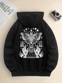 Sudadera con capucha estilo gótico  - Sudadera con estampado de nudo celta y cruz celta, suéter holgado de manga larga, suéter estilo bohemio en blanco y negro, ideal para uso casual y eventos temáticos, estilo urbano informal, sudadera cómoda y versátil, suéter informal de manga larga con bolsillo tipo canguro - Negro - Ver 1
