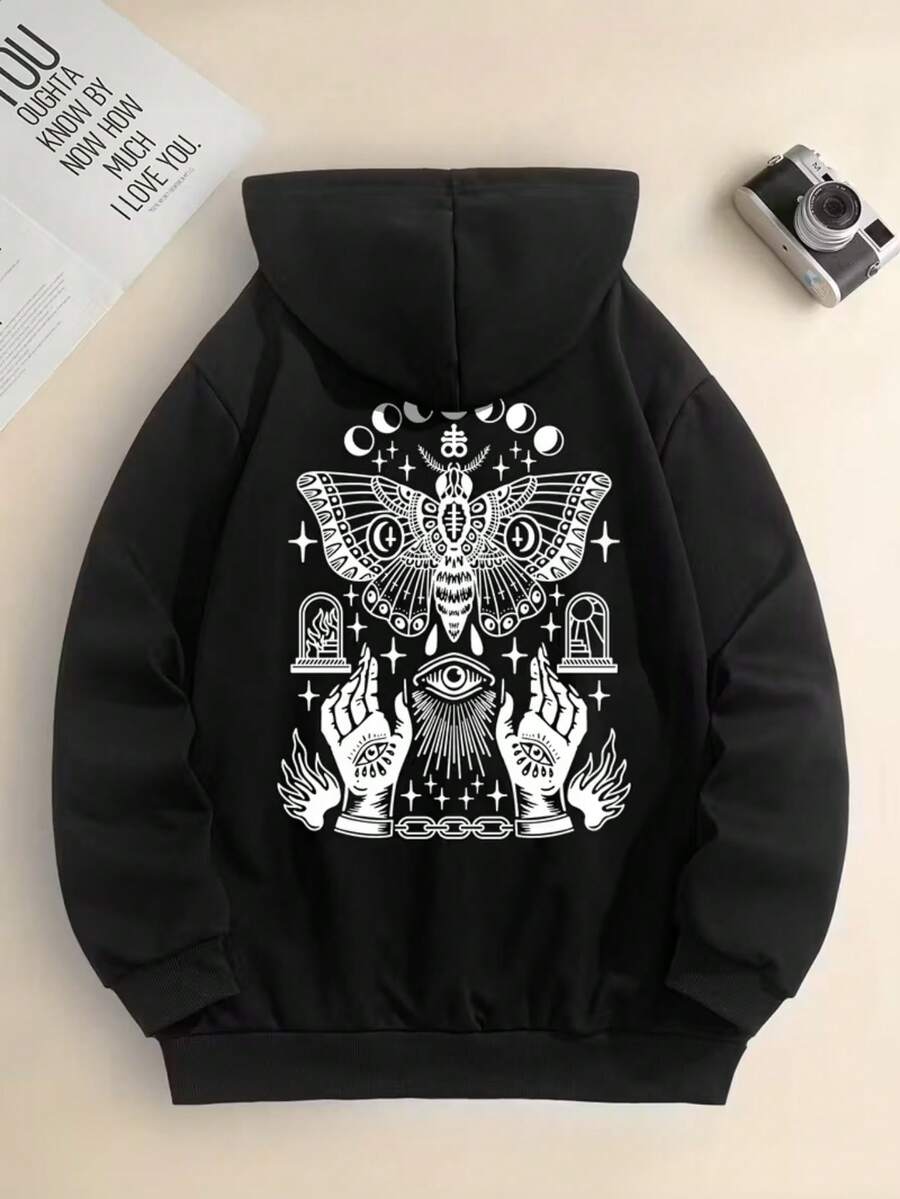 Sudadera con capucha estilo gótico  - Sudadera con estampado de nudo celta y cruz celta, suéter holgado de manga larga, suéter estilo bohemio en blanco y negro, ideal para uso casual y eventos temáticos, estilo urbano informal, sudadera cómoda y versátil, suéter informal de manga larga con bolsillo tipo canguro - Negro - Ver 1