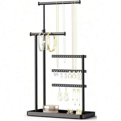 Susswiff 首饰收纳架，1 件装 - 高度可调节至 175 厘米，坚固耐用，适合展示和收纳项链、耳环、手镯、戒指，黑色，金属材质
