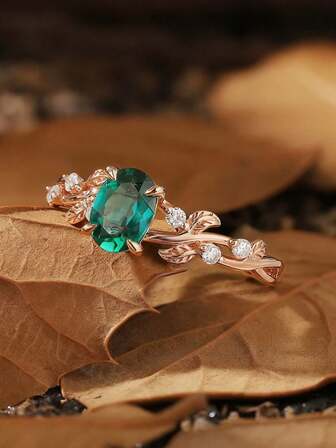 1 Pc Country-Style French-Style Emerald Zirconia Leaf Ring Of High Appearance Level, Elegant And Fashionable Finger Ring, Exquisite And Niche Design. Suitable For Daily Wear, For Both Men And Women.