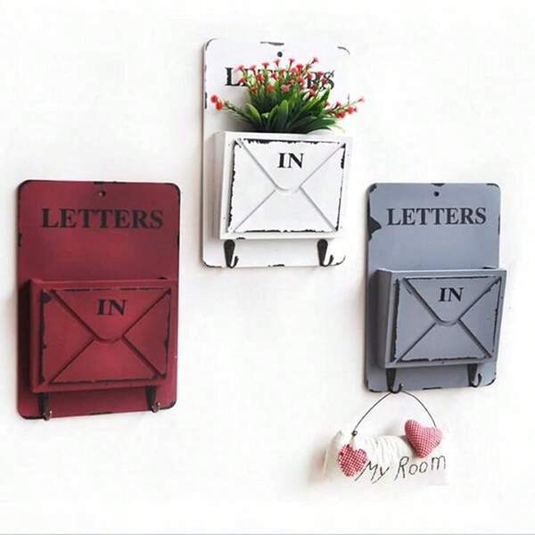Wooden Mail Box Letter Rack Wall Mounted Mail Sorter Storage Box Key Hooks Standing Holder Organizer Hallway Doorway...