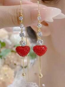 rundraw 2件套奢华水钻心形金属耳环，时尚首饰，适合派对、节日等场合的礼物 - 紅色 - 查看 4