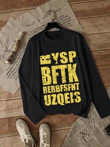 Street Style American Design Letter Print Loose Fit Casual Long Sleeve T-Shirt For Women, Black, Autumn