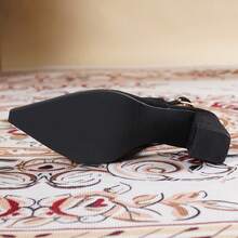New Vintage Pointed Toe Rivet Decor Chunky Heel Sandals, Strap Versatile Slip-On Flats For Office Wear - Black - View 5