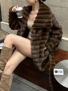 Women's Solid Color Soft Fleece Warm Winter Coat, Fashion For Vacation - Brown - View 2