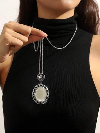 New Oval Pendant Necklace, Fashion Versatile Long Sweater Chain For Women