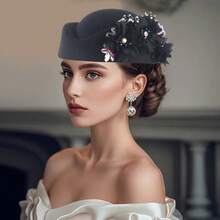 1pc Retro British Felt Headband Hat, Women's Church Derby Headpiece With Flower Decor, Soft Beret Cap