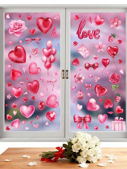 5pcs Large Pink Heart Shaped Glass Window Stickers, DIY Static Cling Wall/Door/Window Decals For Valentine's Day - 11.8x7.9 Inches
