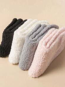 4 Pairs Women's Thick Fluffy Minimalist Fuzzy Mid-Calf Socks, Cute For Daily Wear, Suitable For Autumn/Winter And Back To School Season - Multicolor - View 3