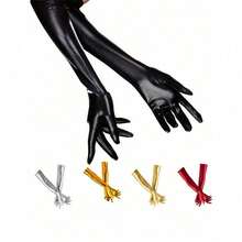 1 Pair Sexy Patent Leather Long Gloves, Halloween Costume Accessories, Black Tight Gloves, Pole Dance Performance Gloveswedding - 純色 - 查看 1