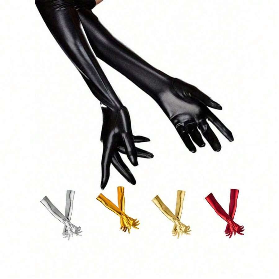 1 Pair Sexy Patent Leather Long Gloves, Halloween Costume Accessories, Black Tight Gloves, Pole Dance Performance Gloveswedding - 純色 - 查看 1