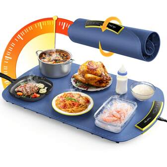 Bandeja calentadora eléctrica - Estera de calentamiento de alimentos plegable con 8 ajustes de temperatura, calentamiento en toda la superficie en 5 segundos, apagado automático en 4 horas, fácil de limpiar con material nano, para bufé, para fiestas, para descongelar