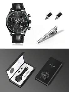 TOMI Men's Quartz Watch With Cufflinks, Tie Clip, Minimalist Dial, Zinc Alloy Strap, Gift Box Set For Daily Life, Business Events, Father's Day, Valentine's Day, Christmas,