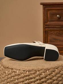 MonaNise 5厘米布面包跟女士时尚金属米色玛丽珍粗跟礼服鞋 - 米色 - 查看 7