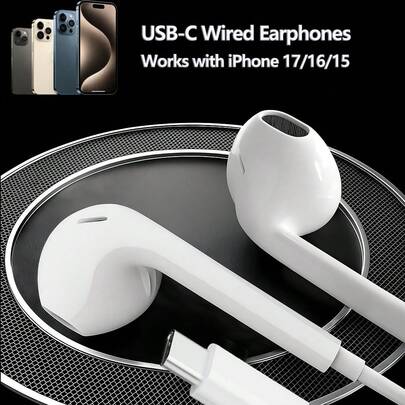 FCV 1Pack USB-C EarPods Headphones With Built-In Remote, Wired Earphones With Enhanced Bass, Type-C Earphones With 120mm Cable, Compatible With IPhone 17/16/15 &Android & Laptops, Male To Male Connector, Music & Call Control - No Battery Required