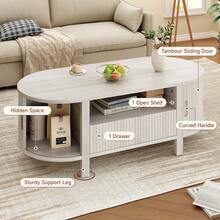 ONBRILL White Oval Coffee Table, 47 Inch Fluted Coffee Tables With Cabinets & Sliding Doors, Mid-Century Modern Living Room Tables, Center Table With Storage And Wood Handle For Living Room, Home Small Space - White - View 5