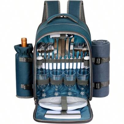 Hap Tim Picnic Basket Backpack For 4 With Blanket Wine Holder Cooler Compartment Cutlery Set Couples Gift Mr And Mrs Bridal Shower Wedding Registry Blue 3065BL