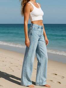 Women's Wide Leg Jeans, High Waist, 100% Denim - Rửa nhẹ - Xem 3