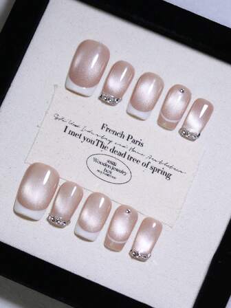 10片装短款方形白棕色撞色亮面猫眼法式美甲贴片，优雅可重复使用，持久耐用，快速上手，DIY日常美甲美妆