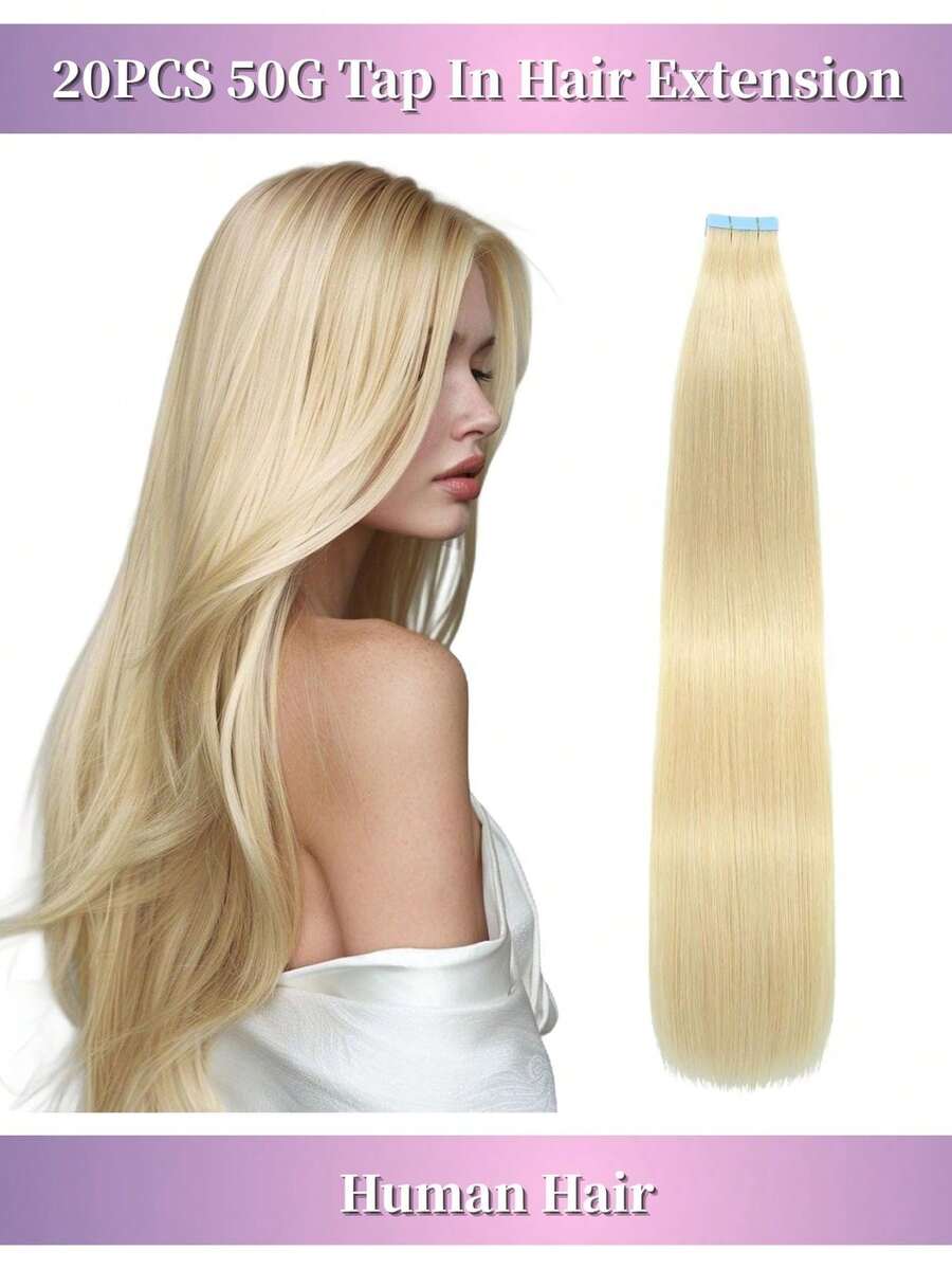 20PCS 50G Blonde Tape In Extensions Real Human Hair Color 613# Bleach Blonde Natural Seamless Tape In Hair Extensions Human Hair  Double Sided 16-26 Inch Hair Extensions Tape Ins Add Volume For Woman Everyday Hairstyle Cosplay Party Halloween Use - S613 - 查看 1